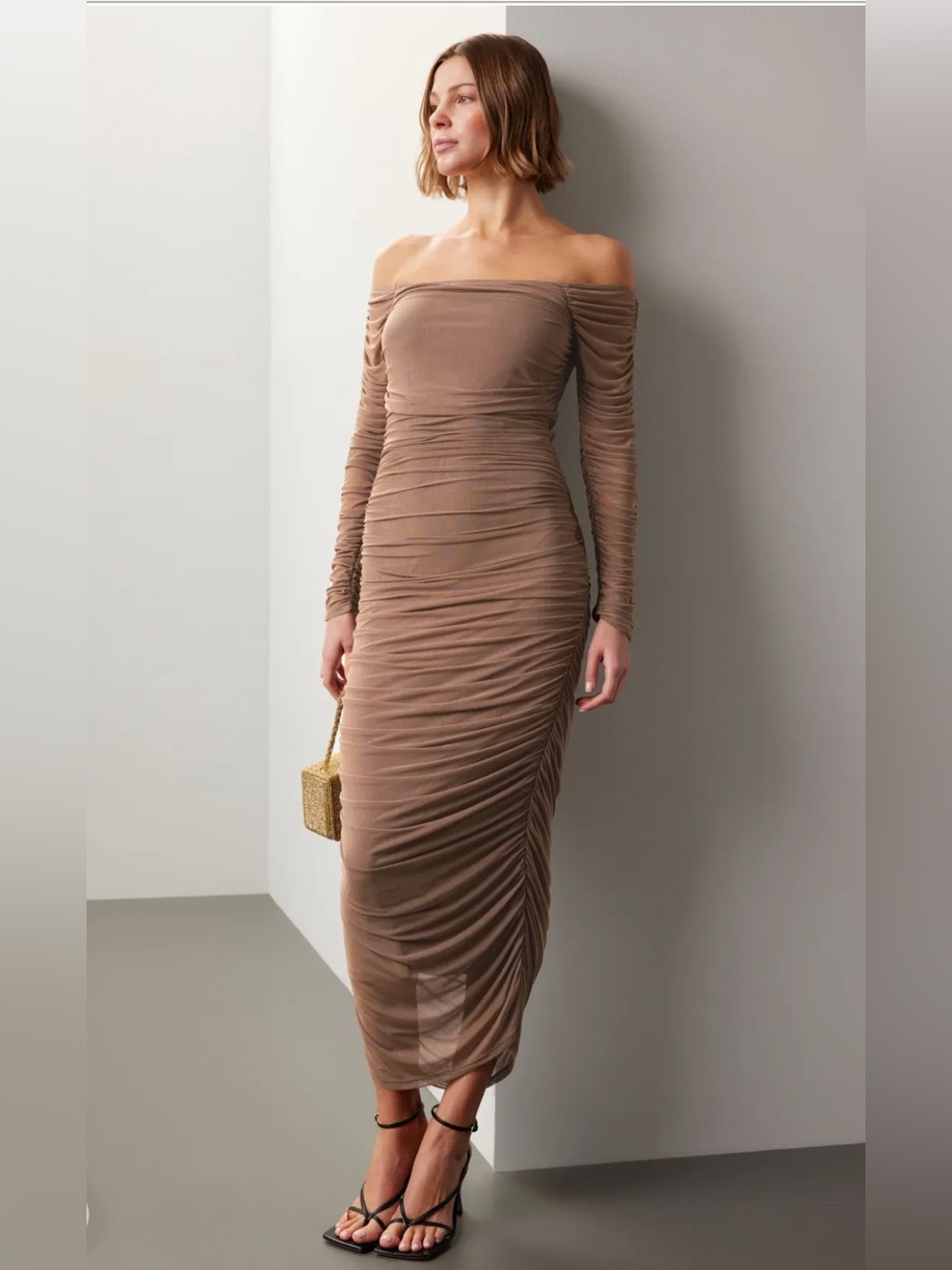 Caroline Constas Off-Shoulder Ruched Mesh Long Sleeve Midi Dress Taupe Size XS